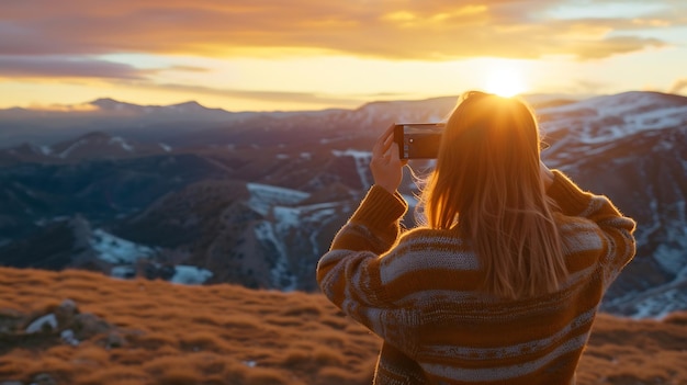 Zdjęcie anonimowa podróżniczka w swetrze fotografuje niesamowity krajobraz za pomocą sztucznej inteligencji generatywnej