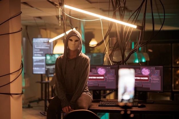 Zdjęcie anonimowy haker atakujący portret serwera bazy danych, cyberprzestępczość. hakowanie systemu komputerowego, phishing informacji, programowanie złośliwego oprogramowania, cyberprzestępca w masce patrzący w kamerę w nocy