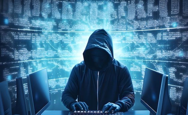 Anonimowy haker bez twarzy Ciemna sieć cyberprzestępczość cyberatak itp. Obraz generowany przez AI