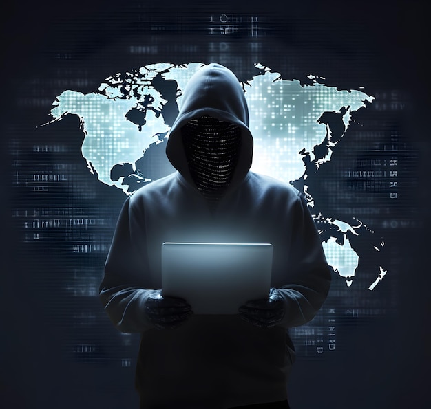 Anonimowy haker Koncepcja cyberprzestępczości w ciemnej sieci cyberataku itp. Obraz generowany przez AI