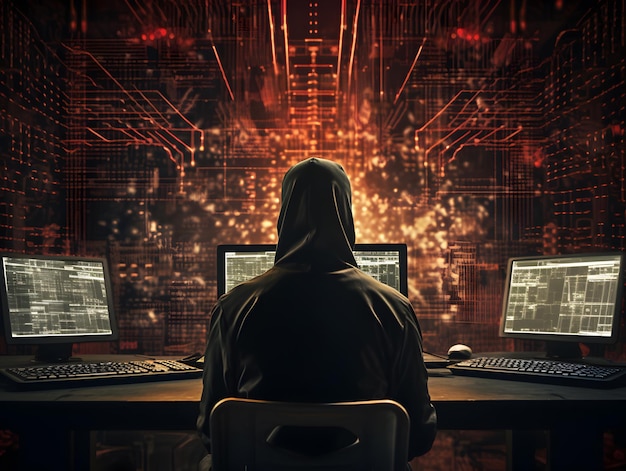 Anonimowy haker przed monitorem komputerowym Koncepcja hakowania cyberbezpieczeństwo cyberprzestępczość cyberatak ciemna sieć itp.