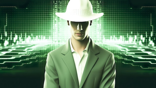 Anonimowy haker w białym kapeluszu Koncepcja etycznego hakowania hackowanie w ciemnej sieci cyberbezpieczeństwo cyberprzestępczość cyberatak itp