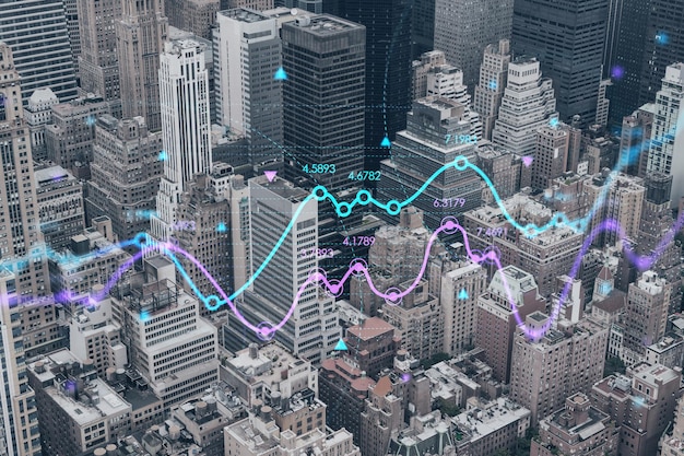 Antena z lotu ptaka panoramiczny widok na obszar Upper Manhattan i dzielnice East Side Nowy Jork USA Forex wykres świecowy hologram Koncepcja handlu internetowego analiza maklerska