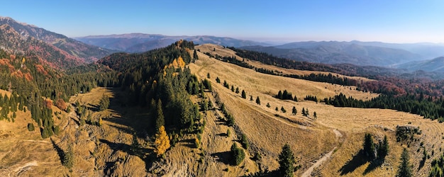 Antenowy dron panoramiczny widok natury w Rumunii Karpaty częściowo pokryte