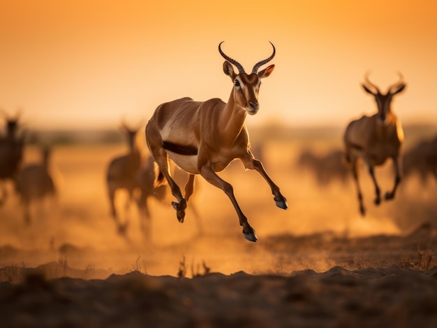Antilopa przygotowuje się do skoku na równinie afrykańskiej.