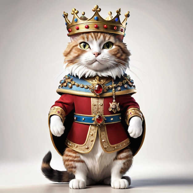 Antropomorficzna karikatura kota nosząca ubrania króla i koronę stojąca w pełnym widoku ciała