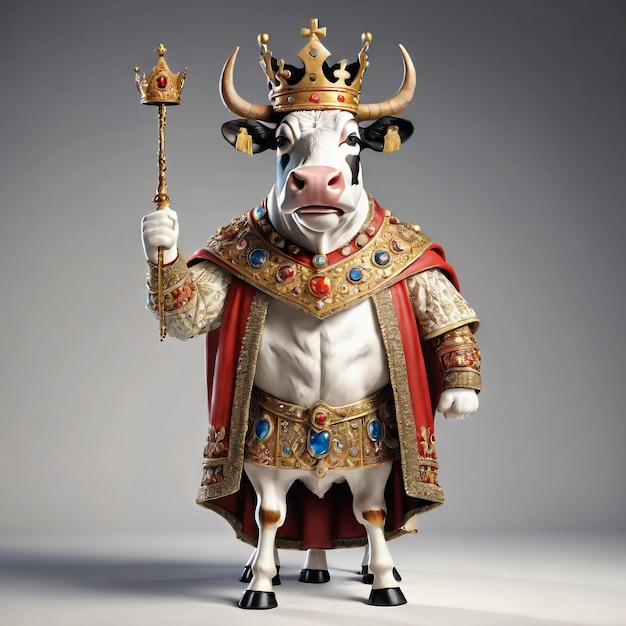 Zdjęcie antropomorficzna karikatura krowy nosząca odzież króla i koronę stojąca w pełnym widoku ciała