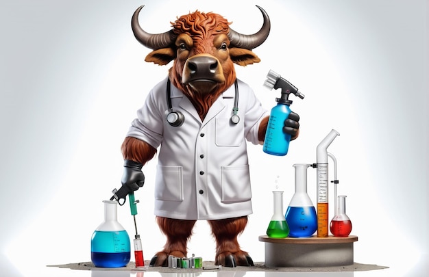 Zdjęcie antropomorficzna karykatura bizonów noszących odzież chemiczną z narzędziami chemicznymi