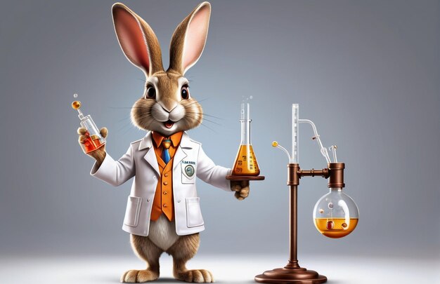 antropomorficzna karykatura Królik w odzieży chemicznej z narzędziami chemicznymi