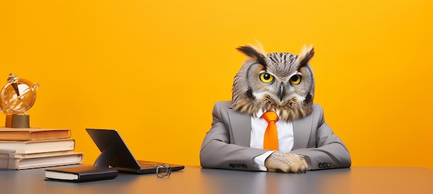 Zdjęcie antropomorficzna sowa w stroju biznesowym udająca, że pracuje w studiu nakręcona z przestrzenią do kopiowania