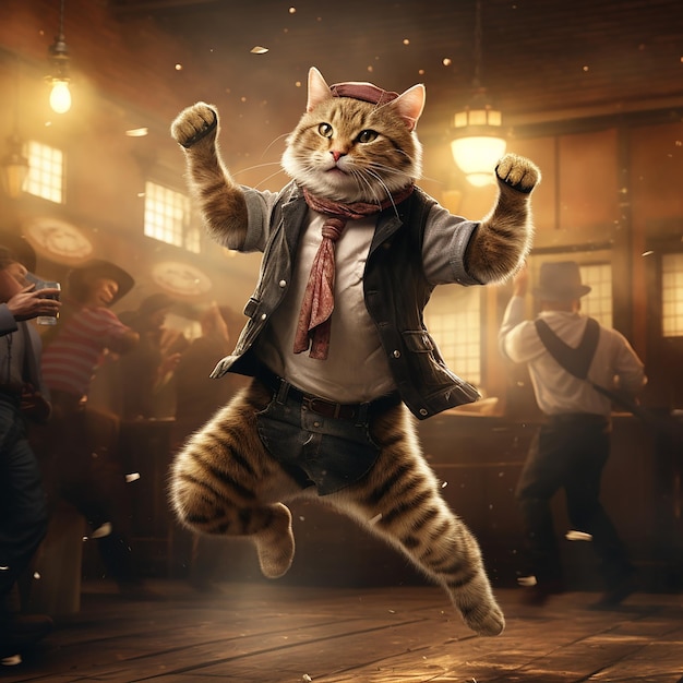 antropomorficzne zwierzęce koty tańczące na parkiecie w barze