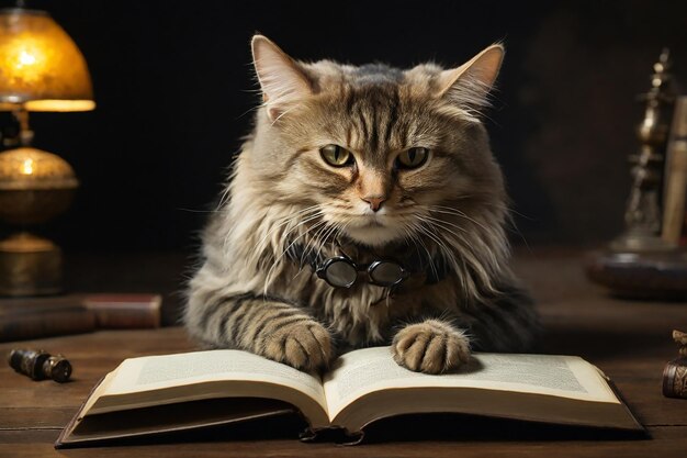 Antropomorficzny kot z okularami czyta książkę