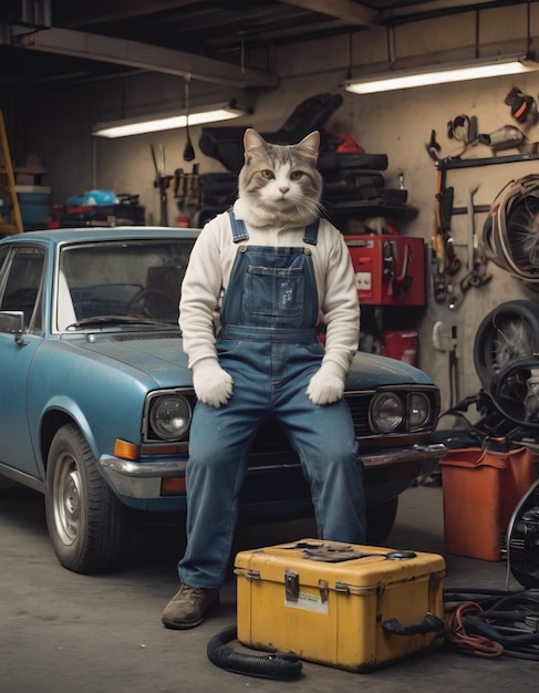 Antropomorficzny mechanik kotów siedzi w garażu na niebieskim samochodzie
