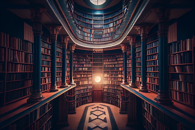 Antyczna biblioteka z wieloma historycznymi książkami wygenerowanymi przez sztuczną inteligencję