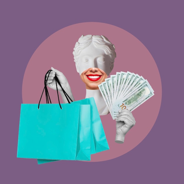 Antyczna głowa posągu kobiety trzymająca zwitek studolarowych banknotów i papierowych toreb na zakupy