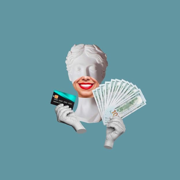 Antyczna głowa posągu trzymająca plik studolarowych banknotów gotówkowych i bankową plastikową kartę kredytową