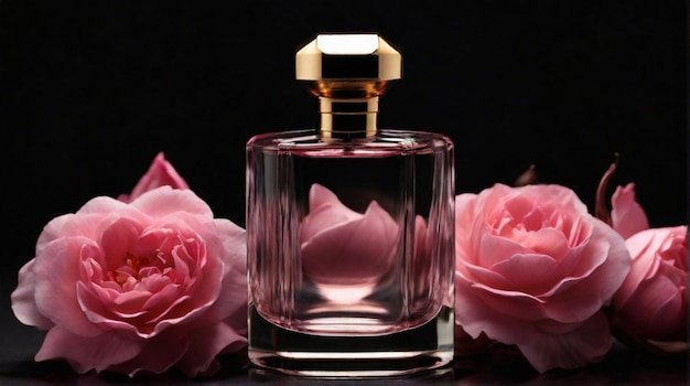 Antyczna i luksusowa butelka perfum z różowymi kwiatami na ciemnym tle