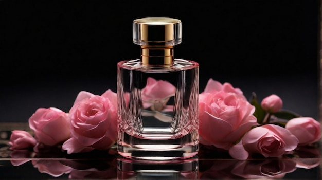 Antyczna i luksusowa butelka perfum z różowymi kwiatami na ciemnym tle