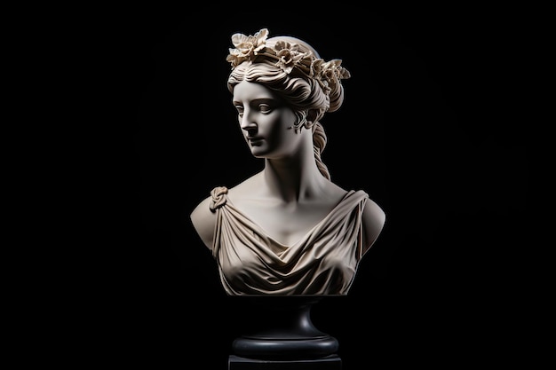 Antyczna marmurowa rzeźba statua popiersie starożytnej greckiej bogini na ciemnym tle