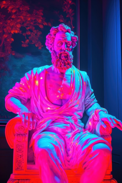 Zdjęcie antyczna statua w świetle neonu