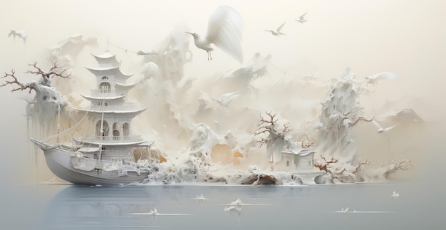 Antyczna tapeta w stylu chińskim, przedstawiająca starożytną łódź płynącą po rzece