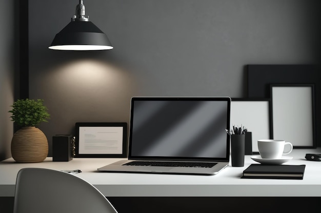 Aparat do laptopa i lampa w nowoczesnym biurze
