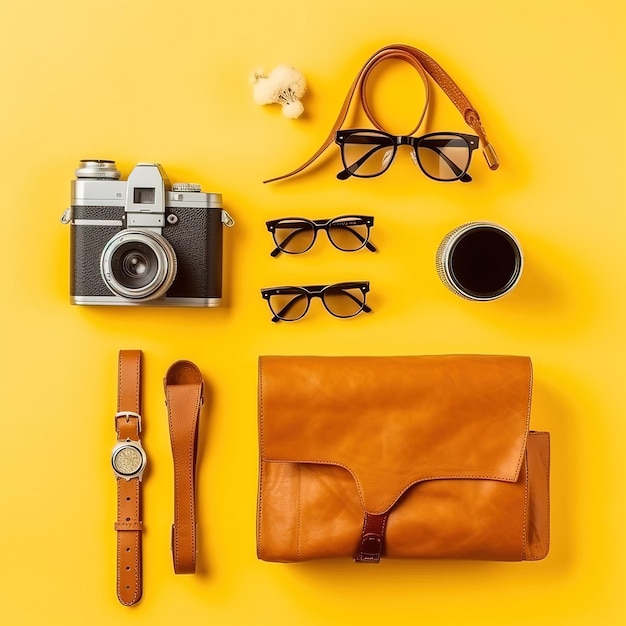 Aparat, zegarek, torba i okulary na żółtym tle.