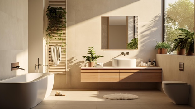 apartament łazienka nowoczesny minimalistyczny biały ciepłe kolory rośliny architektura projektowanie wnętrz
