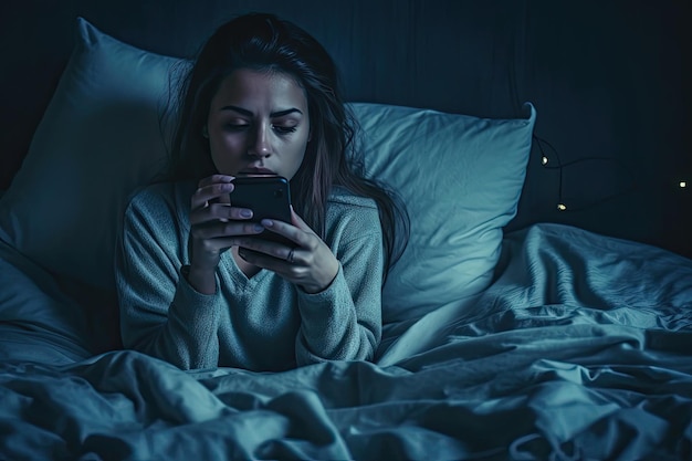 Apatia życiowa Niemotywowana młoda kobieta w łóżku wpatrująca się w ekran smartfona cierpi na zaburzenia snu Generatywna sztuczna inteligencja