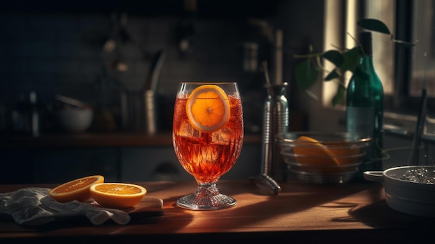 Aperol spritz koktajl w szkle na drewnianym stole Generative AI