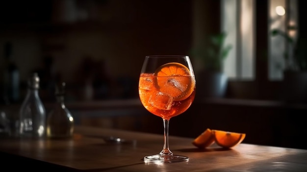 Aperol spritz koktajl w szkle na drewnianym stole Generative AI