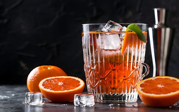 Aperol stpritz koktajl z kostkami lodu i kawałkami pomarańczy na czarnym tle klasyczny włoski napój aperitif z akcesoriami do koktajli