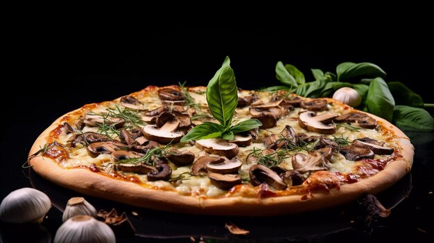 apetyczna wegetariańska pizza skomponowana z goździków czosnku i pieczarek pesto jako posypka