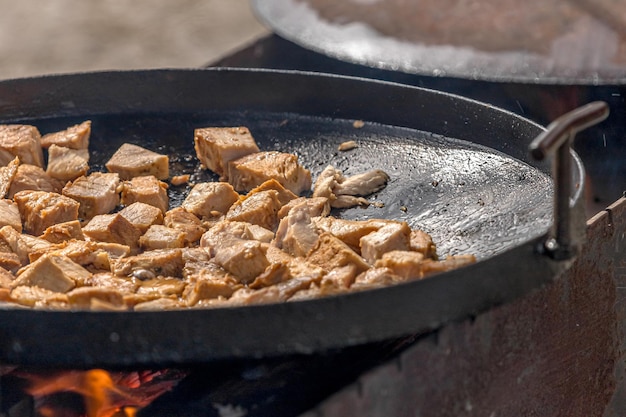 Apetyczne smażone mięso Pyszne tłuste potrawy Gotuj na otwartym ogniu Wołowina lub cielęcina smażona na patelni