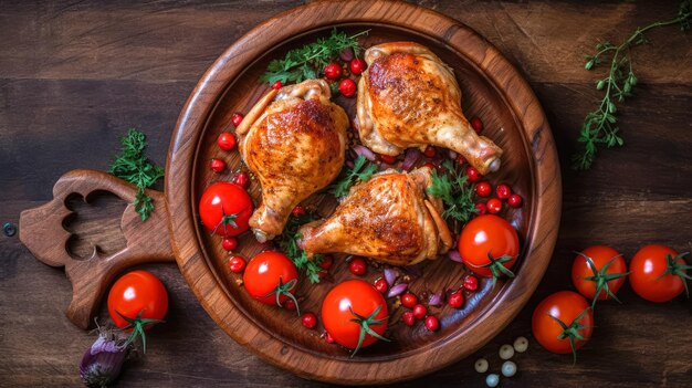 Apetyczne złote pieczone nogi kurczaka i pomidory wiśniowe podawane na drewnianej desce Pyszne jedzenie Generatywna sztuczna inteligencja