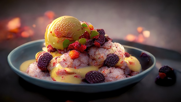 Apetyczny deser z lodami z owocami i jagodami ilustracja 3D