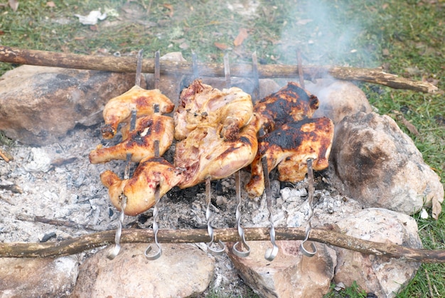 Apetyczny grillowany kebab z kurczaka na metalowych szaszłykach