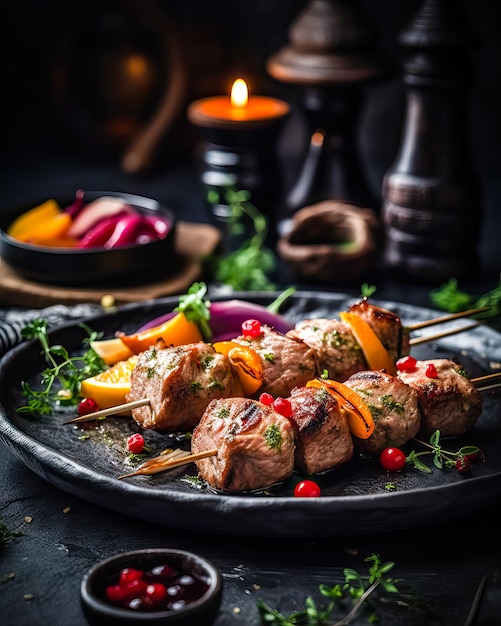 Apetyczny grillowany szaszłyk mięsny szaszłyk z warzywami na drewnianej desce Dobre jedzenie