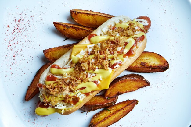 Apetyczny Klasyczny Amerykański Hot Dog Z Karmelizowaną Cebulą, Serem Cheddar, Musztardą I Keczupem Z Dodatkiem Ziemniaków