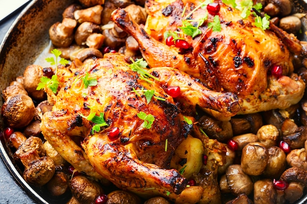 Apetyczny kurczak lub kura zapiekana z pieczarkami