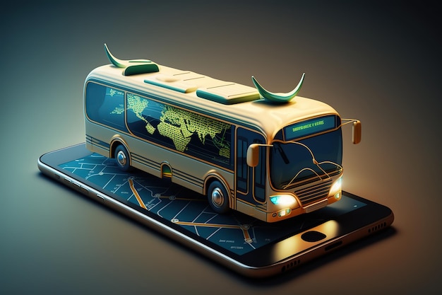 Aplikacja autobusowa do transportu map online. Wygenerowano sztuczną inteligencję w stylu renderowania 3D