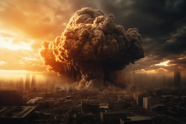 Apokaliptyczna epicka scena w mieście Koniec świata z wielką eksplozją