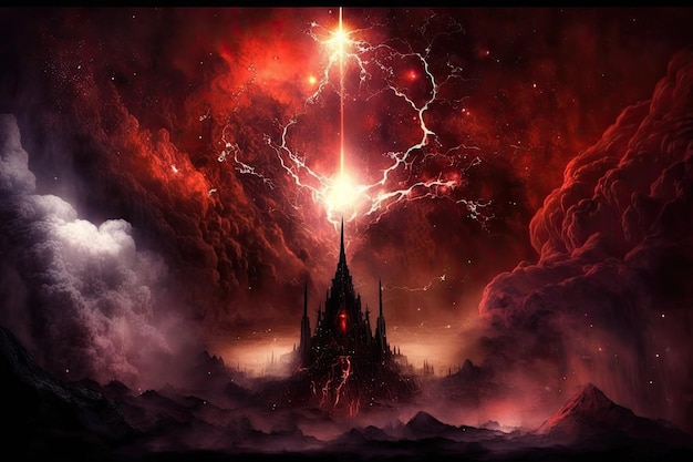 Apokaliptyczna religijna oprawa podziemnego czerwonego nieba z błyskawicami na koniec świata