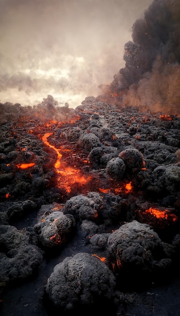 Apokaliptyczny krajobraz wulkaniczny z gorącą płynącą lawą i chmurami dymu i popiołu Cyfrowa ilustracja