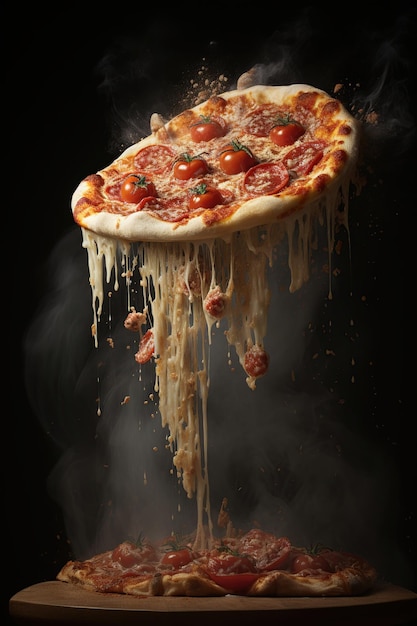 Appetizing Pizza i kawałki pizzy levitation elastyczny przetworzony ser Generative AI