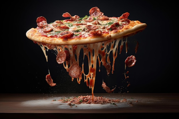 Appetizing Pizza i kawałki pizzy levitation elastyczny przetworzony ser Generative AI