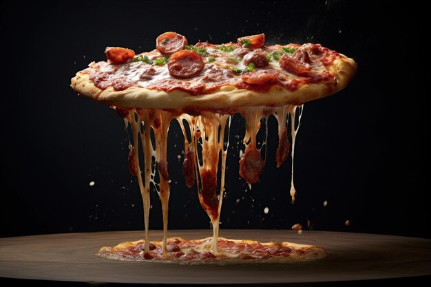 Appetizing Pizza i kawałki pizzy levitation elastyczny przetworzony ser Generative AI