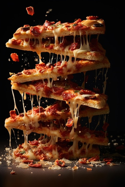 Zdjęcie appetizing pizza i kawałki pizzy levitation elastyczny przetworzony ser generative ai