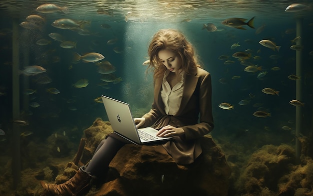 Aquatic Tech Woman z laptopem pod wodą Mixed Media