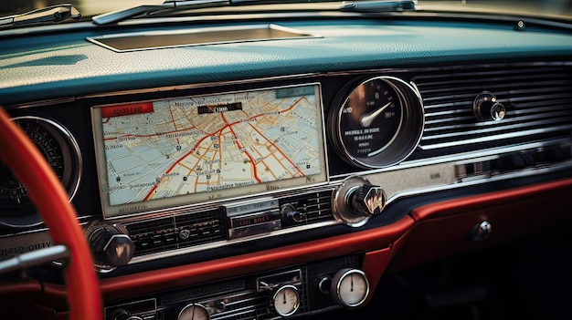 ar dashboard łączy w sobie nostalgię z nowoczesną funkcjonalnością, obejmującą nawigację GPS, która prowadzi kierowcę w podróży z nutą zabytkowego uroku Wygenerowane przez sztuczną inteligencję